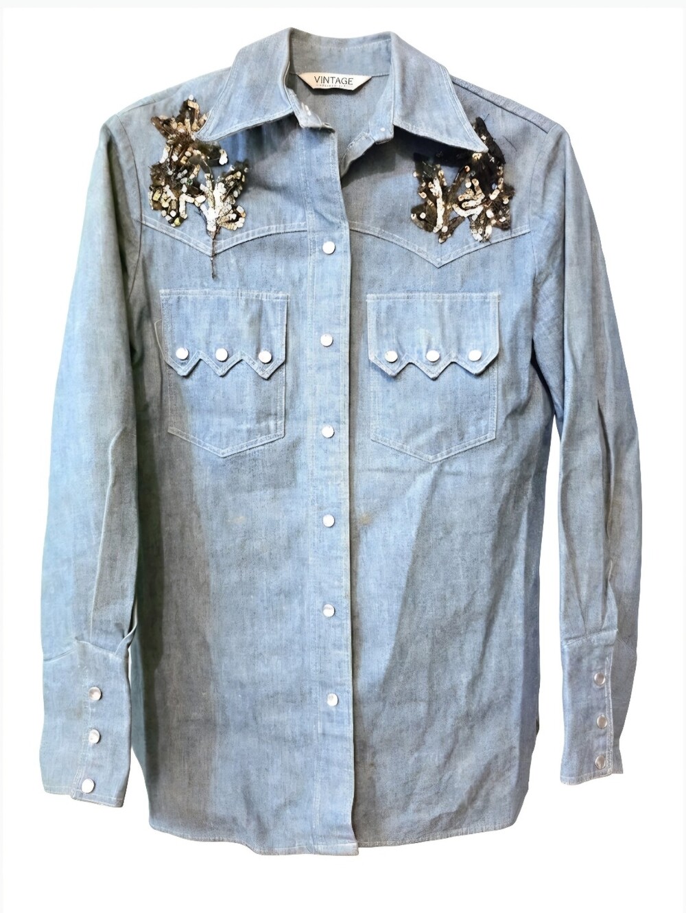 Wrangler Light Blue Denim Western Button-Down Shirt with Sequin Embellishment